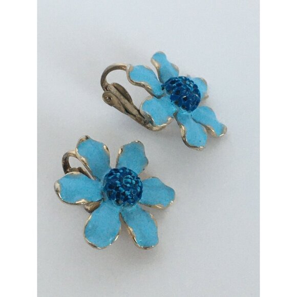 Signed Weiss Vintage Clip On Earrings Enamel Flowers Vintage Gold Tone Lt Blue - Picture 8 of 10